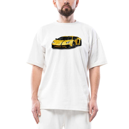 Lamborghini Aventador Yellow Oversize Beyaz Tişört