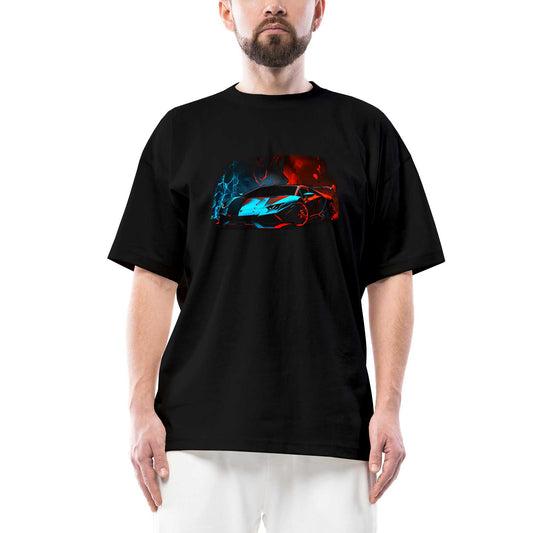 Lamborghini Blue Red Neon Oversize Siyah Tişört