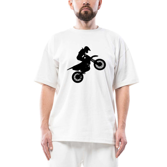 Motocross Motorcycle Siluet Oversize Beyaz Tişört