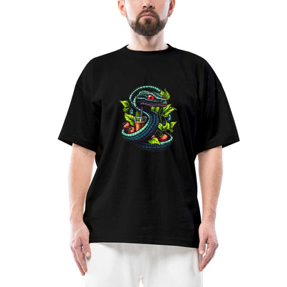 Cocktail and Snake Oversize Siyah Tişört