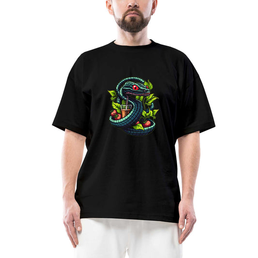 Cocktail and Snake Oversize Siyah Tişört