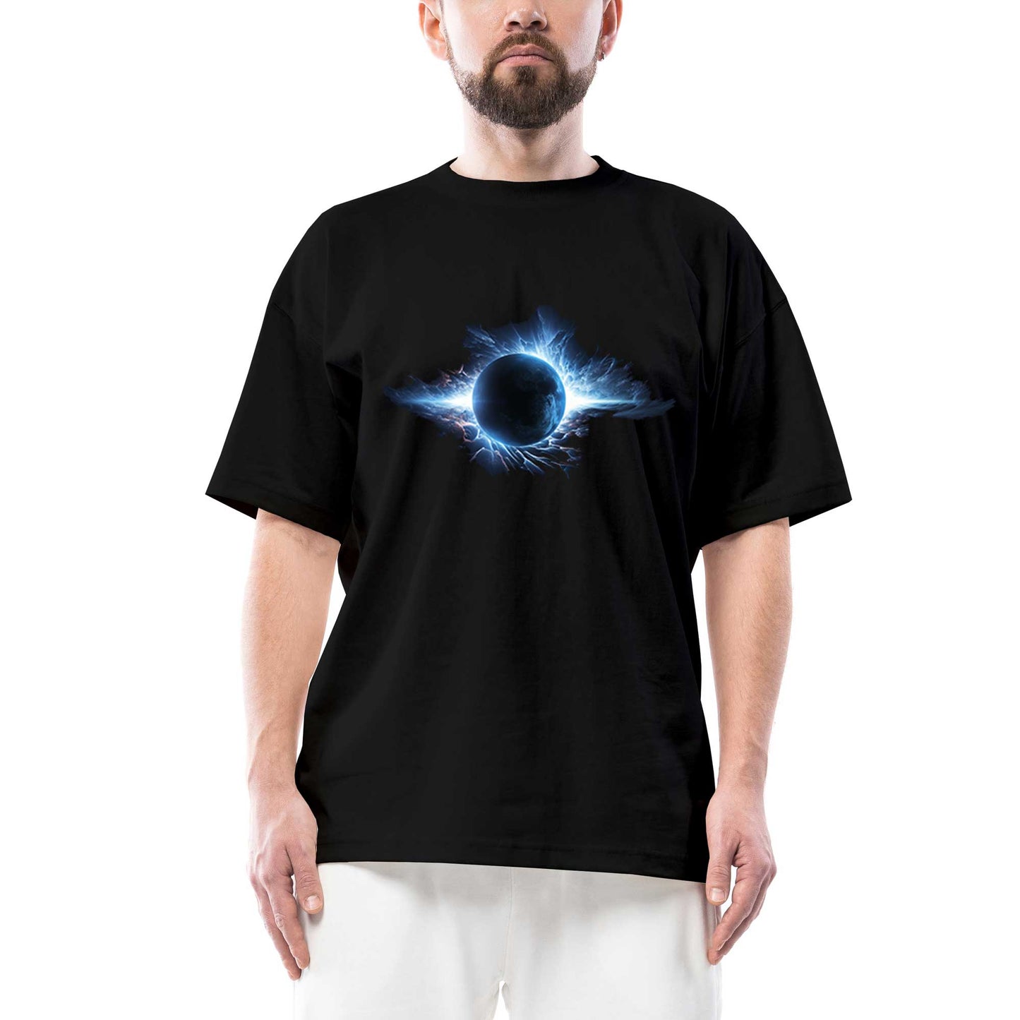 Planet Charged With Blue Energy Oversize Siyah Tişört