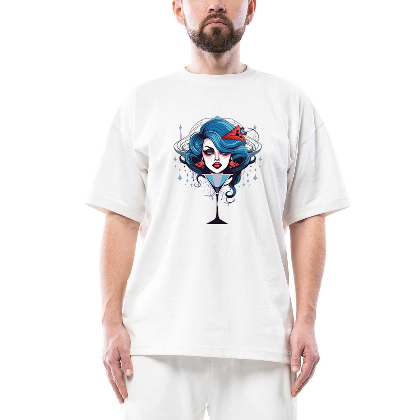 Woman in Martini Glas Oversize Beyaz Tişört