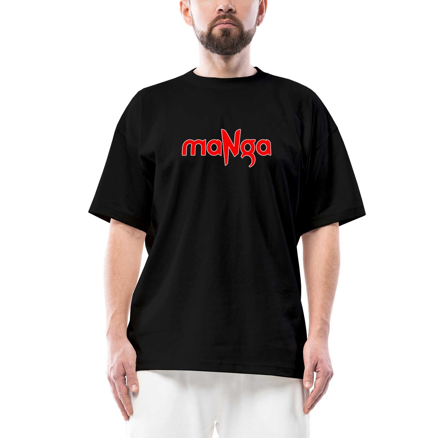 MaNga Red Text Oversize Siyah Tişört