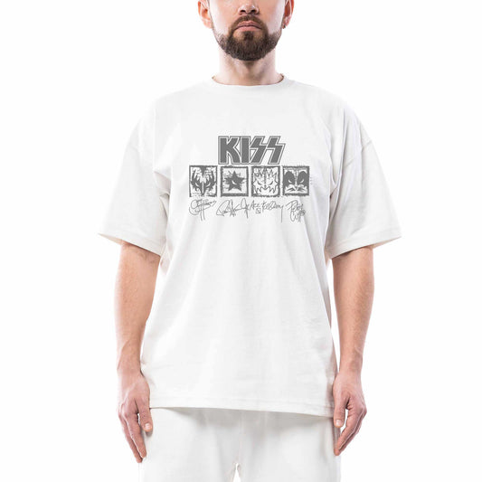 Kiss Logolar Ve İmza Oversize Beyaz Tişört