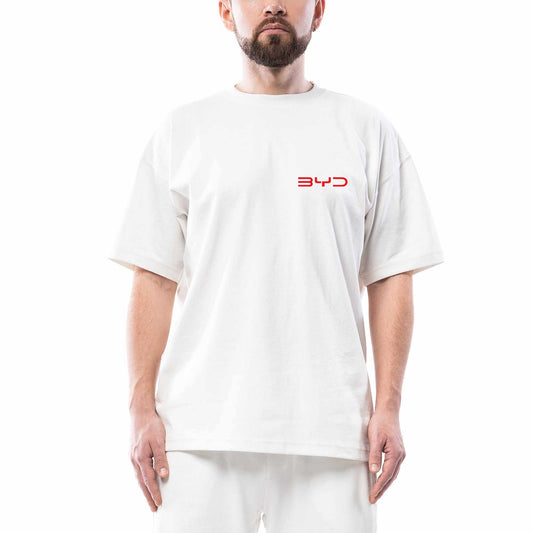 BYD Logo Text Red Oversize Beyaz Tişört
