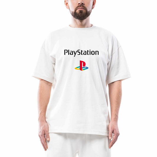 Playstation Logo Text Color Oversize Beyaz Tişört