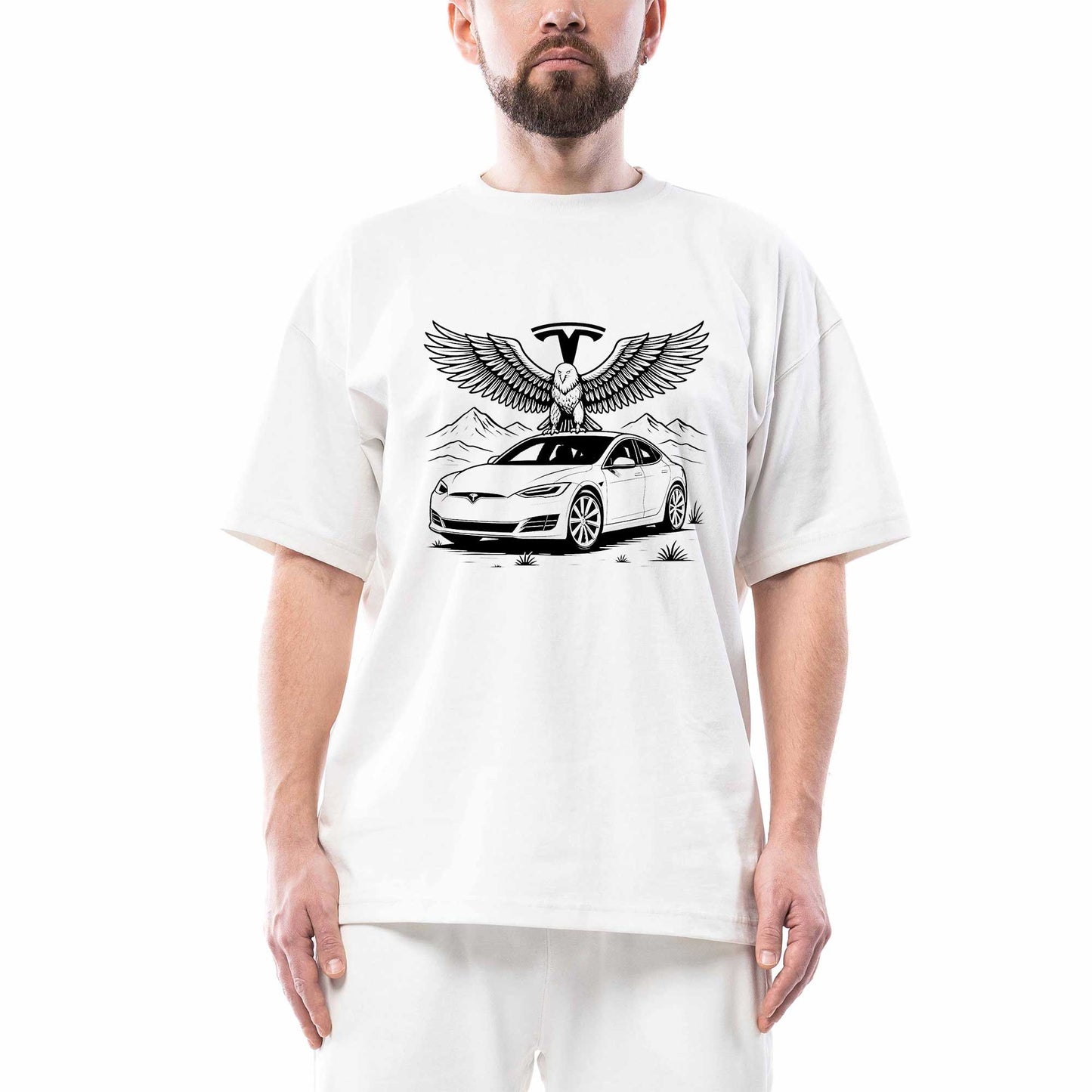 Tesla And Eagle Oversize Beyaz Tişört