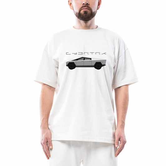 Tesla Cybertruck Oversize Beyaz Tişört