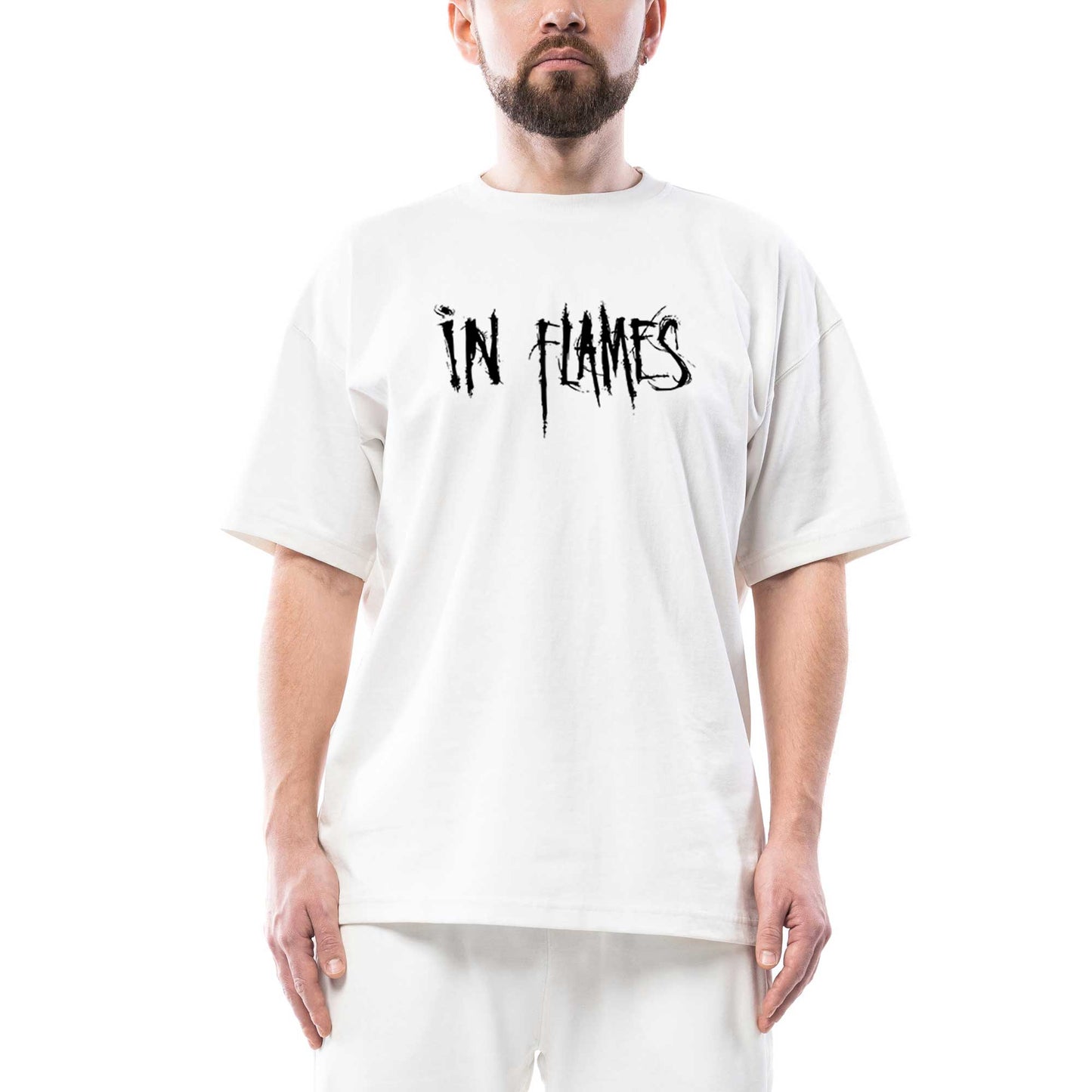 In Flames Logo Oversize Beyaz Tişört