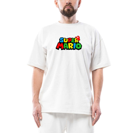 Super Mario Logo Oversize Beyaz Tişört