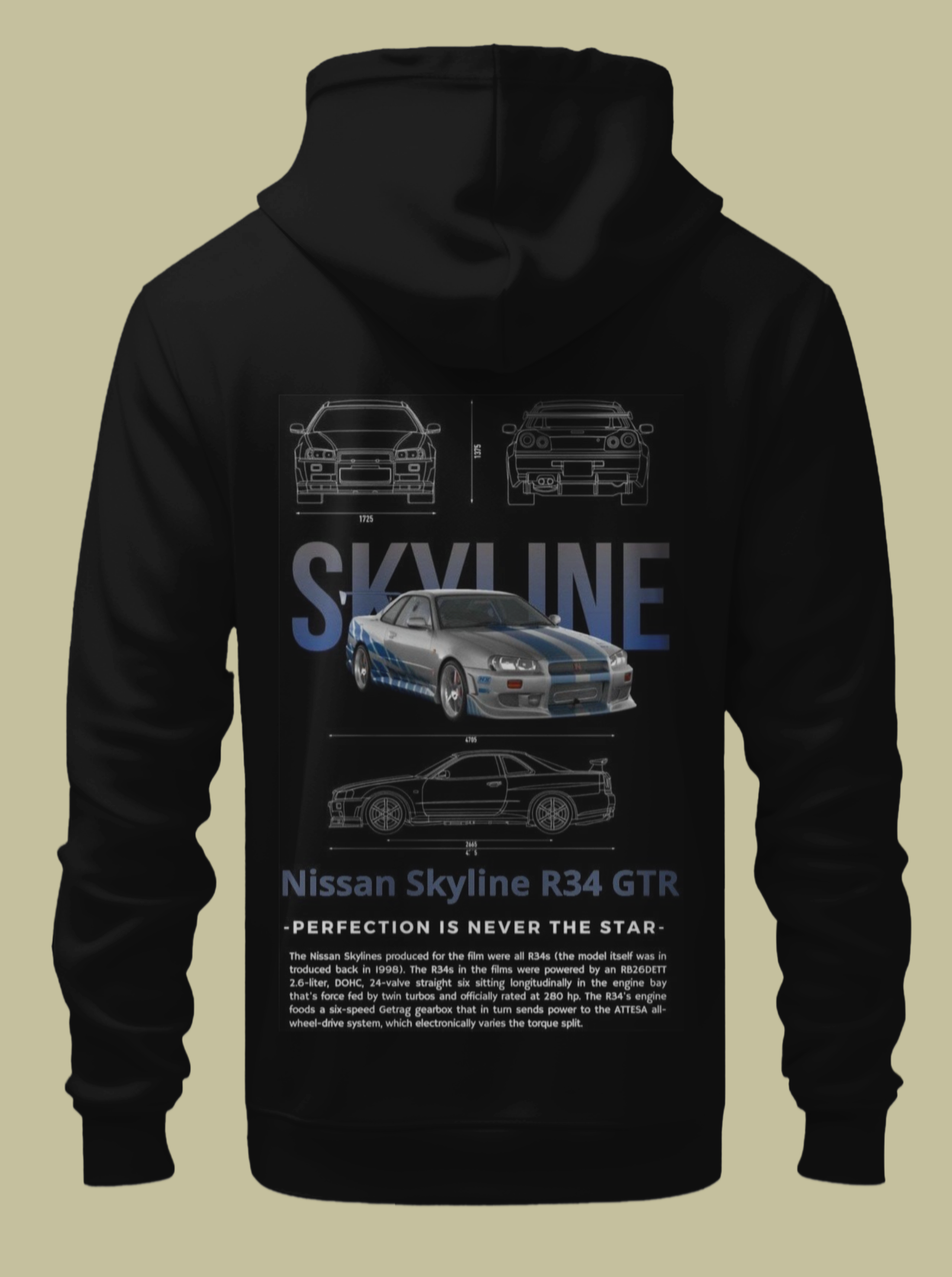 Nissan Skyline GTR34 Baskılı Kapşonlu Sweatshirt