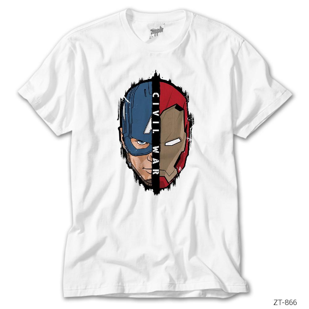 Crows Gate Civil War Iron Man Captain America Face Beyaz Tişört