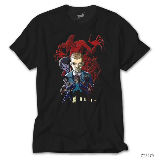 Stanger Things Cartoon Siyah Tişört