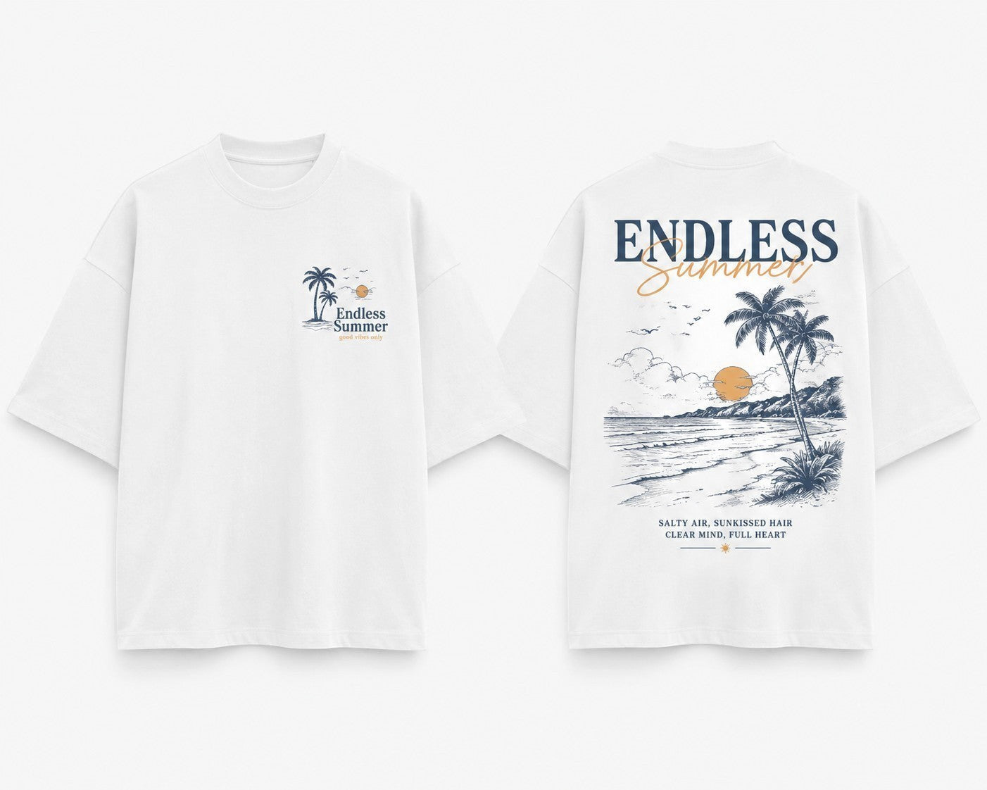 CrowsGate beyaz oversize tişört, ön ve arka kısmında plaj temalı Endless Summer grafik baskı detaylı pamuklu tişört.