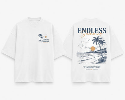 CrowsGate beyaz oversize tişört, ön ve arka kısmında plaj temalı Endless Summer grafik baskı detaylı pamuklu tişört.
